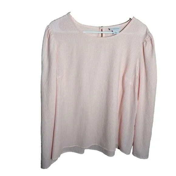 Liz Claiborne Blouse Women's Large Pink Striped Seersucker Long Sleeve Top Sheer - Picture 1 of 8